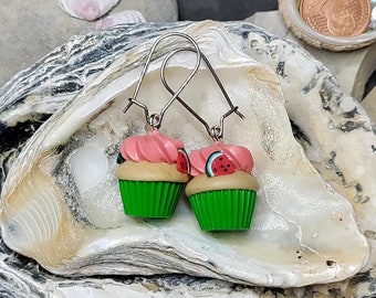 Miniature muffin earrings, watermelon muffins, handmade polymer clay jewelry, miniature food jewelry