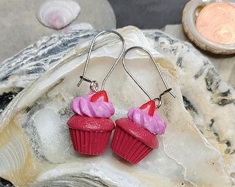 Miniature muffin earrings, strawberry muffins, handmade polymer clay jewelry, miniature food jewelry