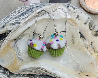 Miniature muffin earrings, birthday muffins with sprinkles, handmade polymer clay jewelry, miniature food jewelry