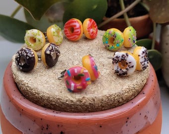 Miniature donut earrings, mini stud earrings, handmade polymer clay jewelry, miniature food jewelry