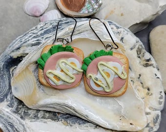 Ham and egg toast earrings, handmade polymer clay jewelry, miniature food jewelry