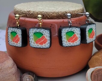 Miniature sushi earrings, stud earrings with dangle earrings, handmade jewelry made of polymer clay, miniature food jewelry