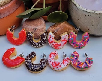 Miniature donut earrings, hoop earrings, handmade polymer clay jewelry, miniature food jewelry