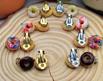 Miniature donut earrings, ear clips, handmade jewelry made of polymer clay, miniature food jewelry