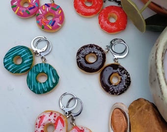 Miniature donut earrings, silver stainless steel, dangle earrings, handmade Fimo jewelry, miniature food jewelry