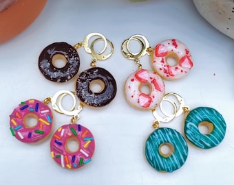 Miniature donut earrings, golden stainless steel, dangling earrings, handmade polymer clay jewelry, miniature food jewelry