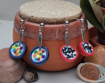 Miniature cornflake shell earrings, chocolate balls, colorful crispy rings, handmade Fimo jewelry, miniature food jewelry