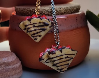 Miniature crepe necklace, strawberry chocolate crepes, handmade polymer clay jewelry, miniature food jewelry