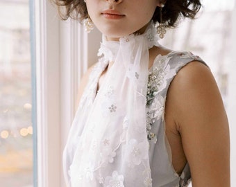 Tulle bridal flower and bead scarf, wrap - Floral embroidered bridal scarf - Style #2366