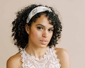 Hand embroidered statement bridal headband - Graphic floral crystal headband - Style #2170