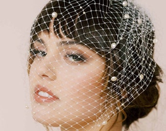 Bridal birdcage wedding veil with pearls - Pearl adorned birdcage veil - Style #2165