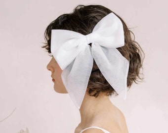 Bridal short tulle hair bow - Tulle finished bridal bow hair clip - Style #2355