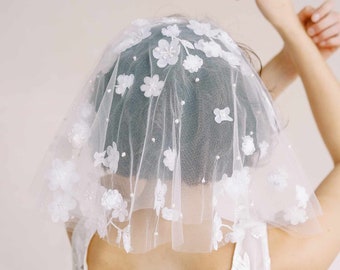 Short bridal flower veil with blusher - Floral embroidered short veil with blusher - Style #2361