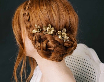 Bridal hair pins, flower pins - Petite gilded blossoms hair pin set of 3 - Style #2325