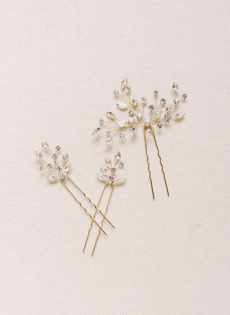 Freshwater pearl bridal hair pin set of 2 by Twigs & Honey Sparkling crystal droplets hair pin set of 3 Style 2115 image 6