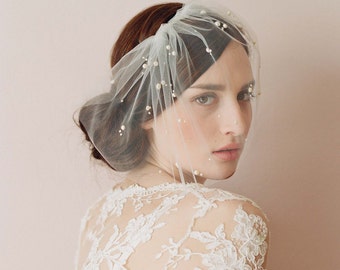 Bridal tulle veil with pearl beads - Mini tulle veil with pearls - Style 212 - Ready to Ship