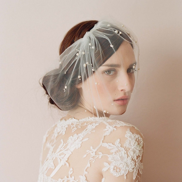 Bridal tulle veil with pearl beads - Mini tulle veil with pearls - Style 212 - Ready to Ship