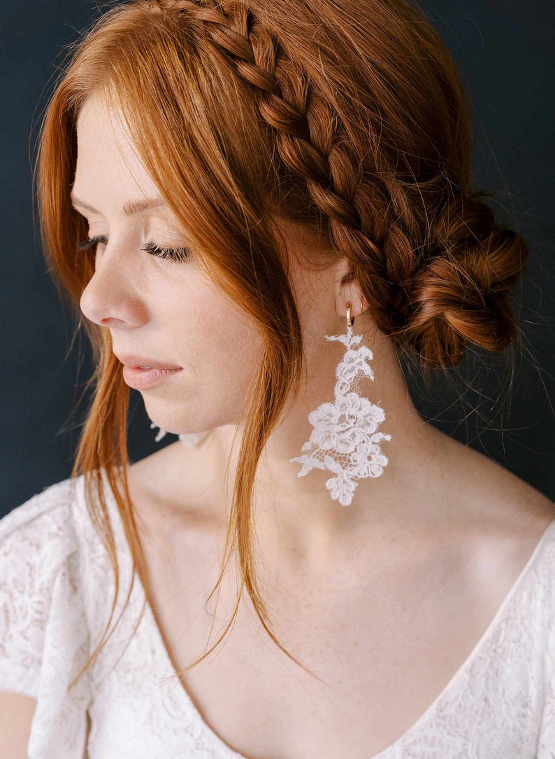 Alencon lace Bridal earrings, handmade Alencon lace and hoop earrings Style 2319 image 4