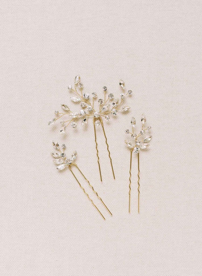 Freshwater pearl bridal hair pin set of 2 by Twigs & Honey Sparkling crystal droplets hair pin set of 3 Style 2115 image 7