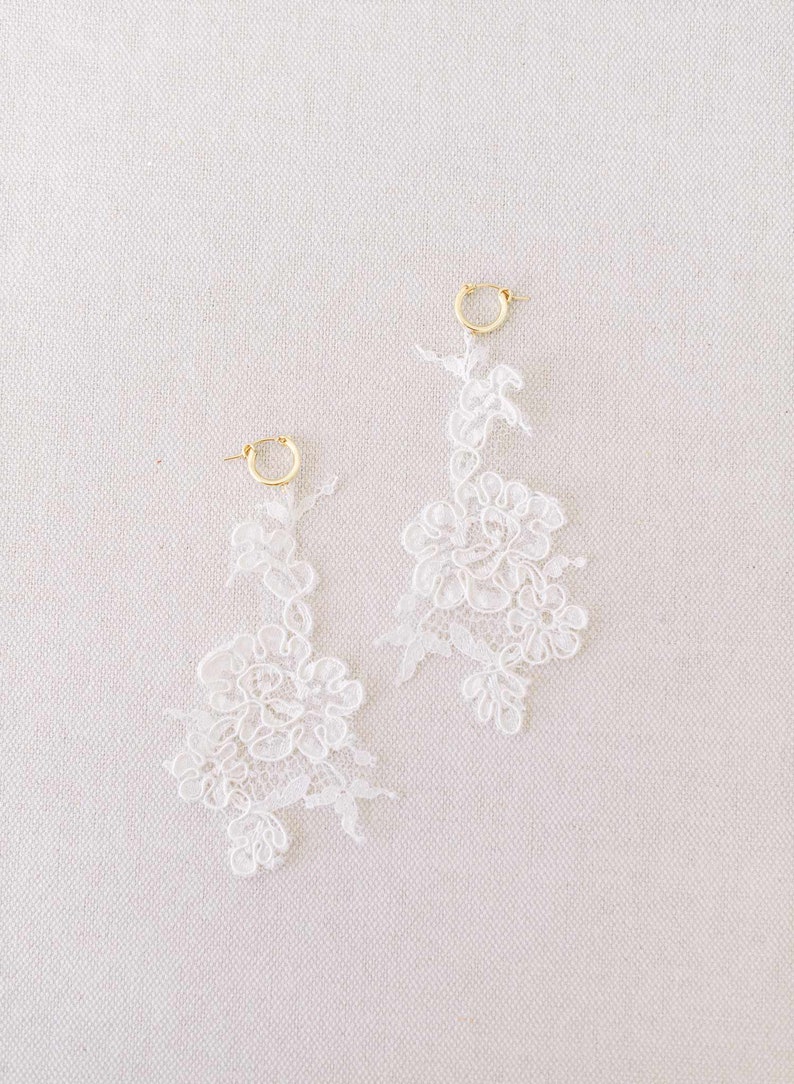 Alencon lace Bridal earrings, handmade Alencon lace and hoop earrings Style 2319 image 5