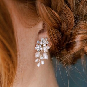 Bridal pearl earrings with crystals Freshwater pearl and crystal cluster earrings Style 2301 image 8