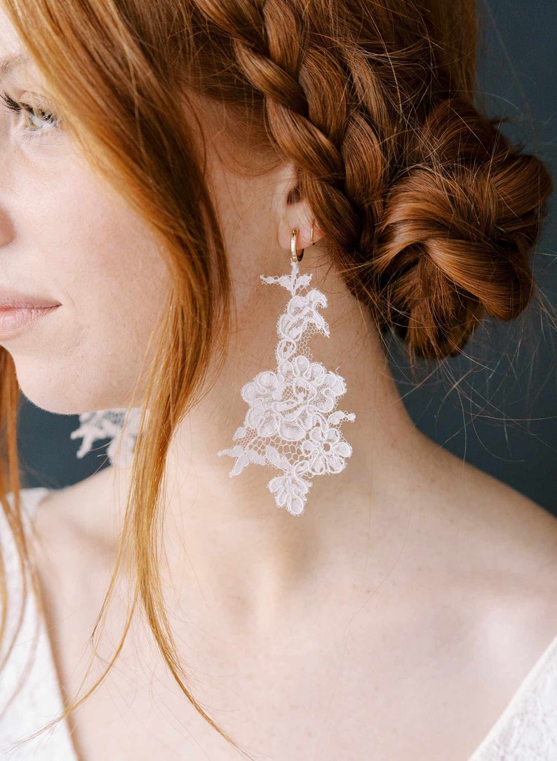 Alencon lace Bridal earrings, handmade Alencon lace and hoop earrings Style 2319 image 1