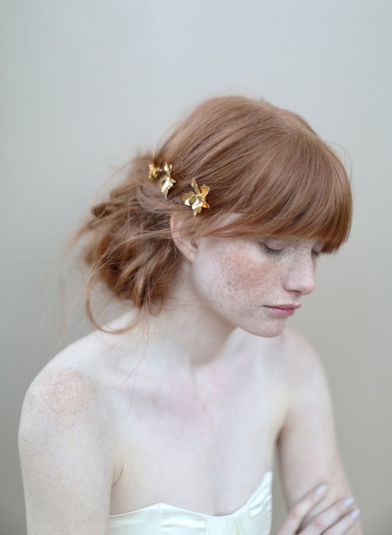 Braut Haarnadel, gold Orchideen, bobbies, Blumen vergoldete petite Orchidee Bobby Pin-Satz von 3 Stil 360 bereit zum Schiff Bild 3