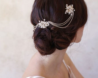 Rhinestone bridal headpiece, chain, floral - Triple flower and swag headpiece - Style 514 - Ready to Ship