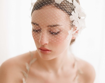 Bridal birdcage veil with flowers - Lace embellished bandeau birdcage veil - Style 214 - Made to Order