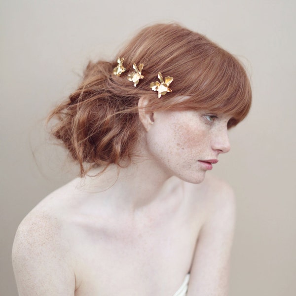 Bridal épingle à cheveux, épingles à cheveux, or orchidées, fleurs - plaqué or petite épingle à cheveux orchidée ensemble de 3 - Style 360 - prêt à l'expédition