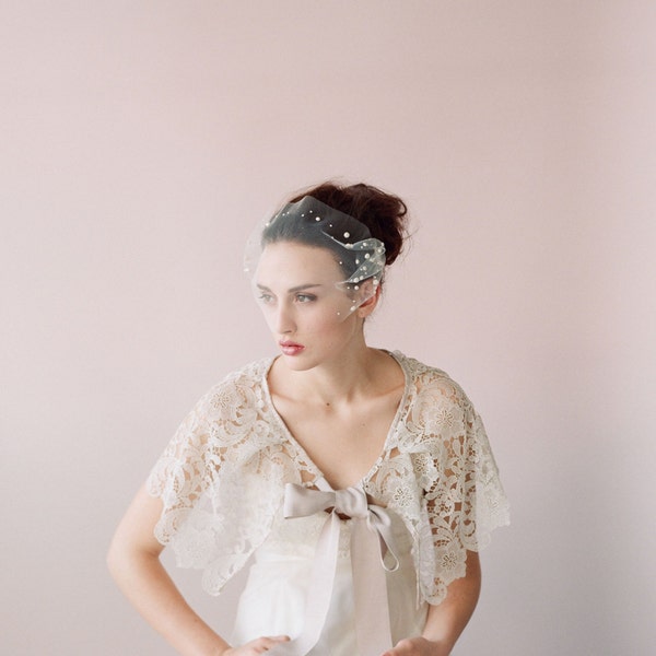 Bridal bandeau pearl veil, tulle mini veil - Pearl adorned tulle bandeau veil - Style 427 - Ready to Ship
