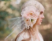 Bridal bandeau veil, silk flower headpiece - Silk flower bouquet with bandeau birdcage veil - Style 304 - Made to Order