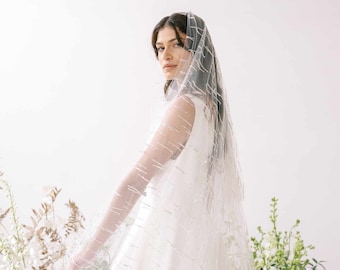 Wedding chapel veil with blusher and embellished - Dainty beaded streamer veil with blusher, chapel - Style #2368