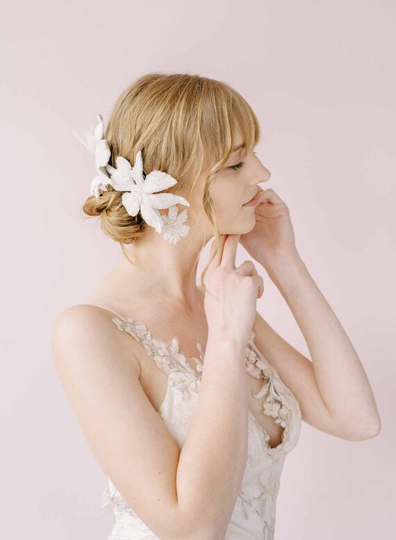 Wedding sequin flower combs Sequined Lace Wedding Hair Flower in Ivory - Cassandra Lynne main image 2
