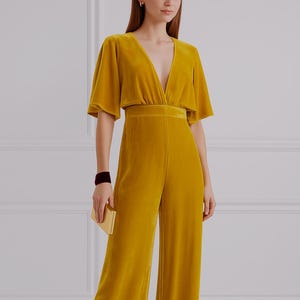 Mustard Jumpsuit, V Neck Jumpsuit, Special Event Jumpsuit, Elegant Jumpsuit, Wedding Guest Jumpsuit, Evening Jumpsuit