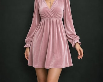 Dusty Pink Velvet Dress | V Neck Velvet Dress | Elegant Bridesmaid Dress | Wedding Guest Dress | Formal Evening Dress for Women