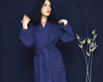 100% Linen Dark Blue Robe, Classic Linen Kimono Robe, Pocket Linen Robe