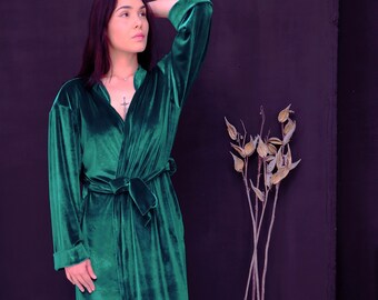 Green Velvet Robe, Maxi Velvet Robe, Bridesmaid Velvet Gown, Elegant Braid Robe, Luxury Velvet Gown, Floor Length Plush Robe, Honeymoon Robe