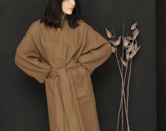 100 % Light Brown Robe, Classic Linen Kimono Robe, Pocket Linen Robe, Stylish Linen Robe