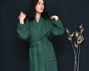100% Linen Robe, Classic Linen Kimono Robe, Pocket Linen Robe