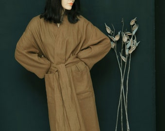 100 % Light Brown Robe, Classic Linen Kimono Robe, Pocket Linen Robe, Stylish Linen Robe