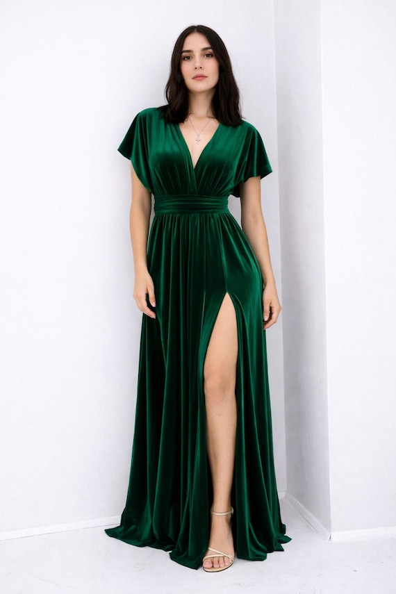 Emerald Green Velvet Infinity Gown Maxi Dress with Slit