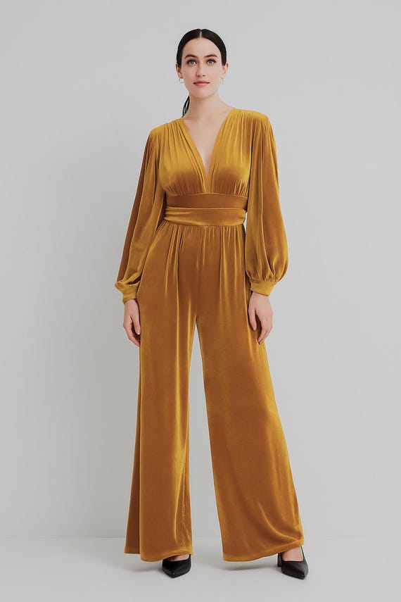 Mustard Velvet Wide Leg Jumpsuit Deep V Neck Long Sleeve Romper