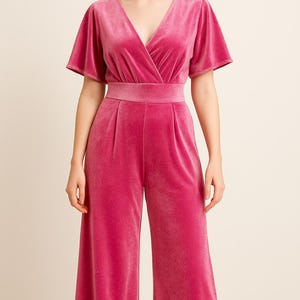Raspberry Pink Jumpsuit, Velvet Jumpsuit, Special Events Jumpsuit, Flared Legs Jumpsuit, V Neck Evening Jumpsuit, Bridesmaid Jumpsuit