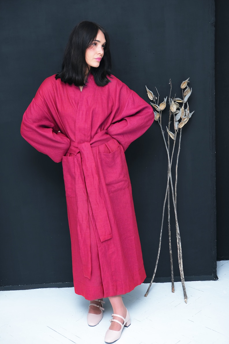 Typical Pink Robe 100 % Linen Raspberry Pink Robe, Classic Linen Kimono Robe, Pocket ...