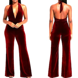 Red Velvet Jumpsuit,  Deep V Neck Jumpsuit,  Strap Jumpsuit, Wedding Guest Romper, Evening Jumpsuit, Bridesmaid Sleeveless Jumpsuit