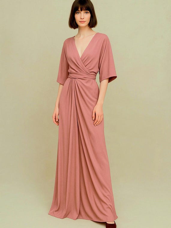 Avondjurk bruidsmeisje, stoffroze wikkeljurk van duurzame lyocell