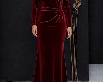 Rood fluwelen jurk, fluwelen jurk, bruidsmeisjesjurk, vloerlengte jurk, bruiloft gastjurk, avondjurk, elegante fluwelen jurk