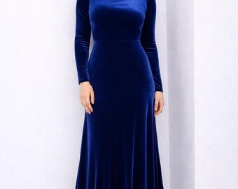 Blue Velvet Dress, Formal Velvet Dress,  Elegant Floor Dress, Bridesmaid Dress, Wedding Guest Dress, Evening Dress, Special Occasion Dress