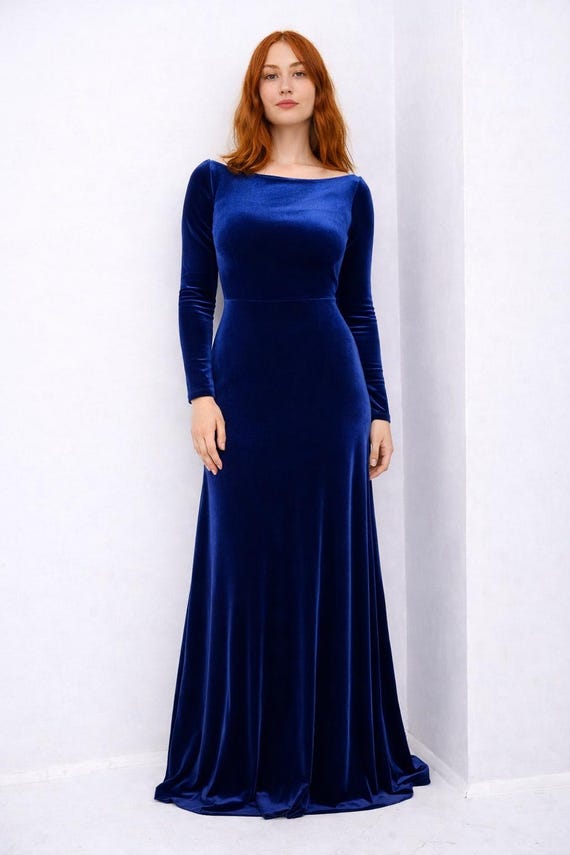 Blue Velvet Dress, Formal Velvet Dress, Elegant Floor Dress, Bridesmaid Dress, Wedding Guest Dress, Evening Dress, Special Occasion Dress